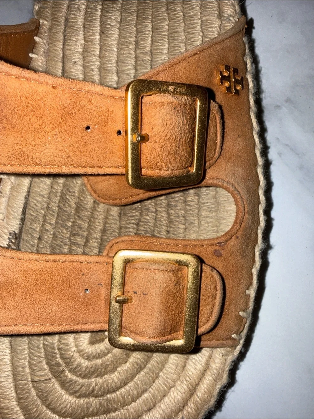 Tory Burch Tan Suede Double-Buckle Espadrille Slide Sandals